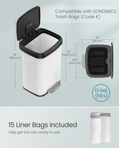 SONGMICS Kitchen Trash Can, 13 Gallon (50 L) Stainless Steel Garbage Can, with Stay-Open Lid and Step-on Pedal, Soft Closure, Tall, Large and Space-Saving, White and Black ULTB530W50