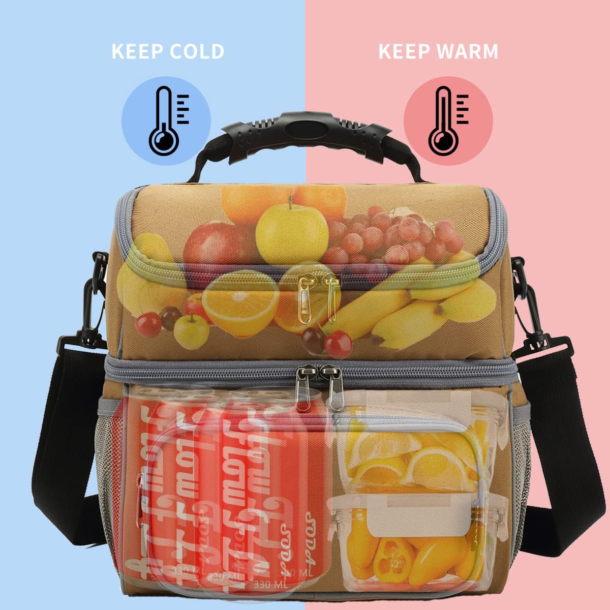 FlowFly Double Layer Cooler Insulated Lunch Bag Adult Lunch Box Large Tote Bag for Men, Women, With Adjustable Strap,Front Pocket and Dual Large Mesh Side Pockets
