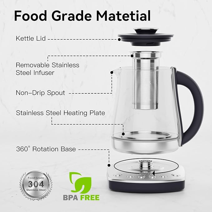 Electric Kettle With Infuser, 1.5L Electric Tea Kettle With Temperature Control, Glass Kettle & Hot Water Boiler,1200W Fast heating for Pour Over Coffee, Brew Tea, Easy to Clean G888B
