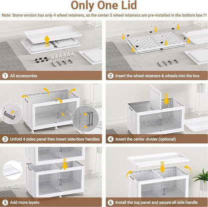 BROVIEW 52.7"H 150Gal Plastic Storage Bins with Lid & Wheels,3Pack Extra Large Stackable Storage Bins with Dividers,Closet Organizers and Storage Cabinet Collapsible Box Shelves for Home Kitchen,White