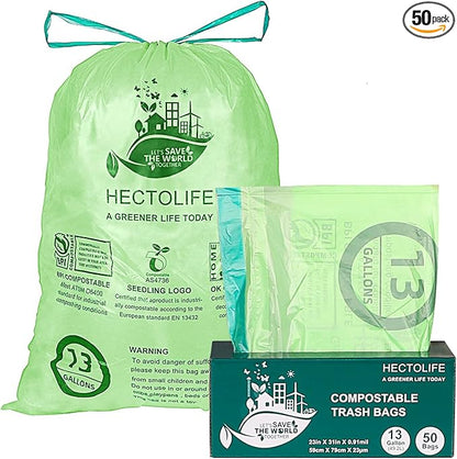 13 Gallon,50 Count, Compostable Trash Bags with Drawstring,Tear Resistant Kitchen Food Scrap Waste Bag, ASTM D6400, US BPI and Europe OK Compost Home Certified