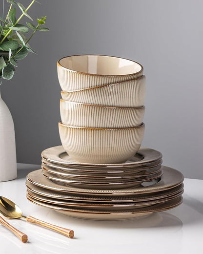 GBHOME Ceramic Dinnerware Sets,12 pcs Embossed Elegant Stoneware Plates and Bowls Sets, Housewarming Wedding Gift | Dishwasher & Microwave Safe | Dishes Set Service for 4