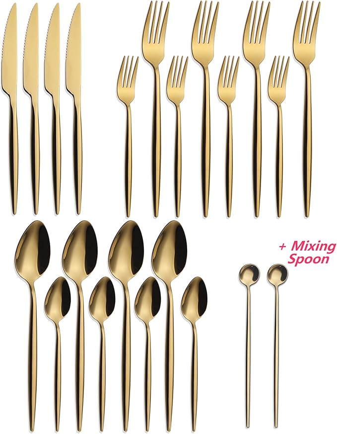 20 Piece Luxury Silverware Set for 4 Gold Mirror-Polished 18/10 Stainless Steel Heavy Flatware Set Modern Cutlery Set Knife/Fork/Spoon with Gifts for Home & Restaurant