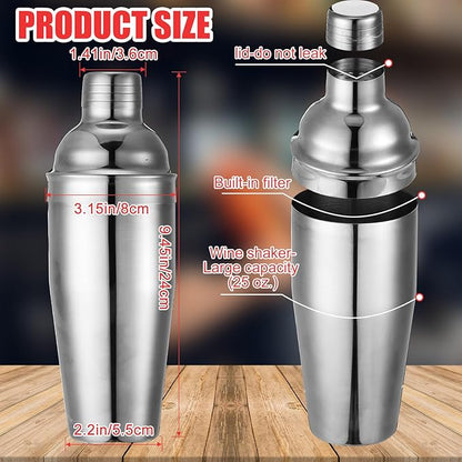 Nitial 6 Pcs Bar Cocktail Shaker Professional Stainless Steel Martini Drink Mixer with Built-in Strainer for Bartending No Leaks Boston Shaker for Bar Party Drink Mixing Tool(25 oz,Silver)