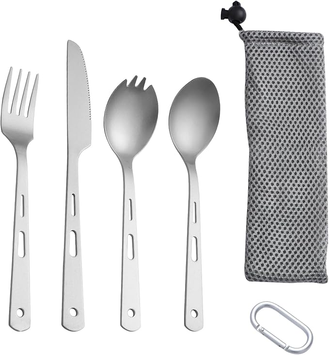Titanium 4-Piece Silverware Set - Lightweight, Eco-Friendly Camping & Backpacking Cutlery (Knife, Fork, Spoon, Salad Spoon) with Carrying Bag for Outdoor Travel, Hiking & Picnic