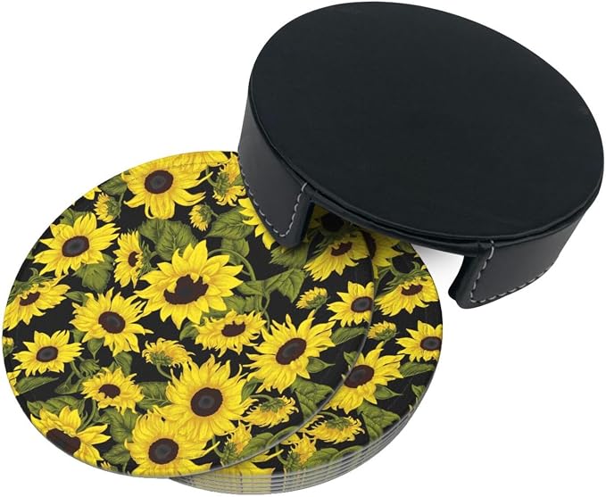 Drink Coasters with Holder Stand Set of 6, Sunflower Pu Leather Absorbent