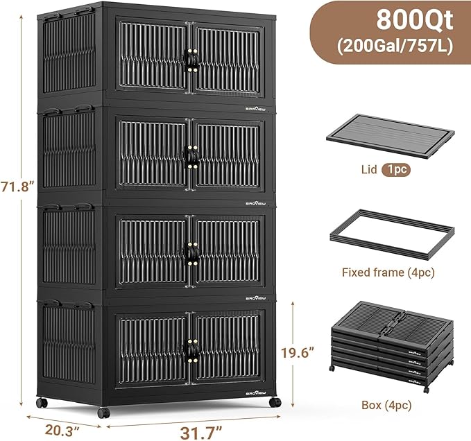 BROVIEW 800Qt Extra Large Stackable Storage Bins with Lid, Closet Organizer Collapsible Drawer Boxes with Wheels, Folding Plastic Cabinet Containers for Home Kitchen Room Organization, 4Pack Black
