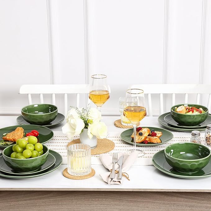 Vicrays Ceramic 12 Pieces Dinnerware Set - Dinner Plates Cereal Bowls Salad Plates Set Service for 4 - Scratch Resistant Dishwasher Safe Microwave Oven - Green