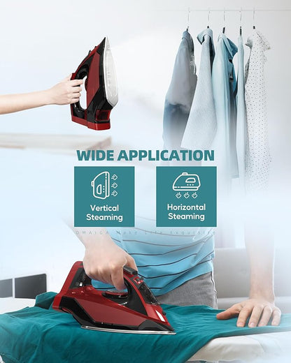 Cordless Iron for Clothes - 1500W Steam Iron with Non-Stick Ceramic Soleplate, Rapid Heating, Auto Shut Off, Burst of Steam, Self-Clean, Anti-Drip, Anti-Calc, 3 Temperature Settings, Red