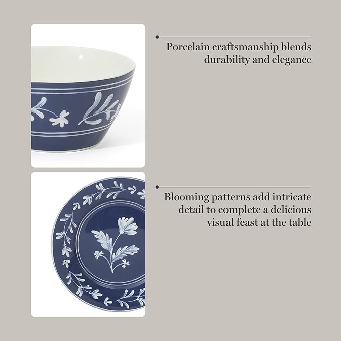 Martha Stewart Maiden Crown 12-Piece Sky Blue Dinnerware Set – Vegan Bone China Ceramic Plates & Bowls – Floral Design – Service for 4 – Microwave & Dishwasher Safe
