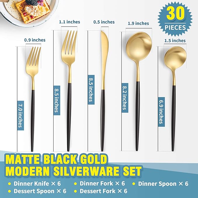 Lemeya Matte Black Gold Silverware Set for 6,Modern Stainless Steel Brushed Cutlery Set,30-Pieces Heavy Duty Flatware Set,Knives Spoons and Forks Set Utensils Set, Satin Finish, Dishwasher Safe