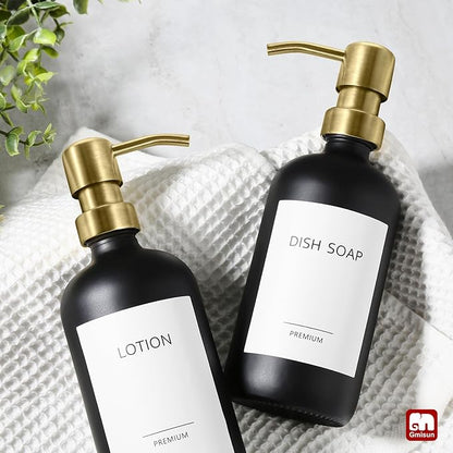 GMISUN Gold Soap Dispenser, 2 Pack Matte Black Glass Bathroom Hand Soap Dispenser with Rustproof Golden Pump, 17 Fl Oz Kitchen Hand and Dish Soap Dispensers Set, Modern Liquid Soap Lotion Bottle