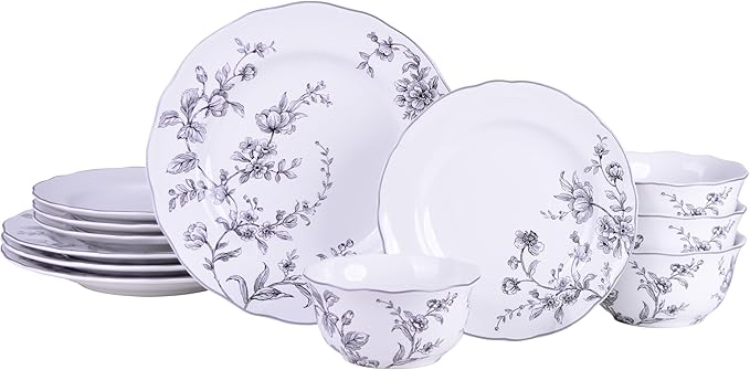 222 Fifth 12-Piece Porcelain Dinnerware Set for 4, White & Black Plates and Bowls Set, Glossy Ceramic Dish Set with Delicate Floral Design, Elegant Kitchen Dishes, Microwave & Dishwasher Safe, Bellamy