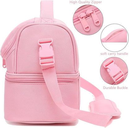 FlowFly Double Decker Cooler Insulated Lunch Bag Large Tote for Boys, Girls, Men, Women, With Adjustable Strap,Pink