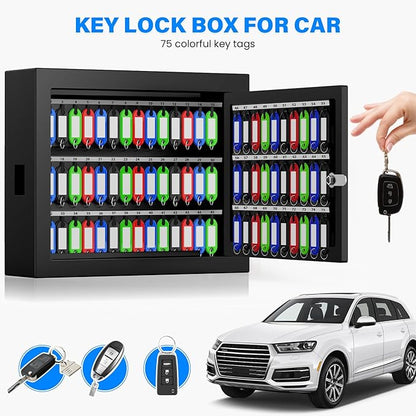 75 Keys Key Lock Box, Anti-Theft Key Cabinet with Key Tags, Key Organizer Wall Mount for Car Garage House Rental Office Business