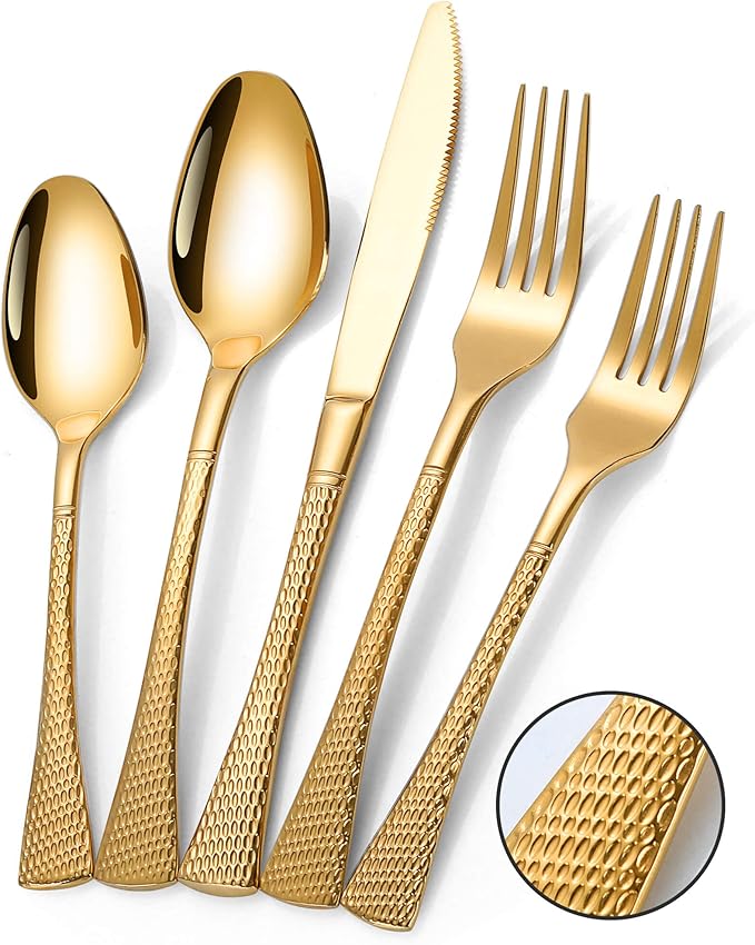 Lemeya Hammered Gold Silverware Set for 8,Stainless Steel 40-Piece Modern Cutlery Set,Mirror Polished Heavy Duty Flatware Set Utensil Set,Knives Spoons and Forks Set,Dishwasher Safe