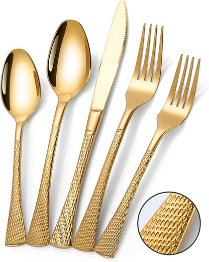 Lemeya Hammered Gold Silverware Set for 8,Stainless Steel 40-Piece Modern Cutlery Set,Mirror Polished Heavy Duty Flatware Set Utensil Set,Knives Spoons and Forks Set,Dishwasher Safe
