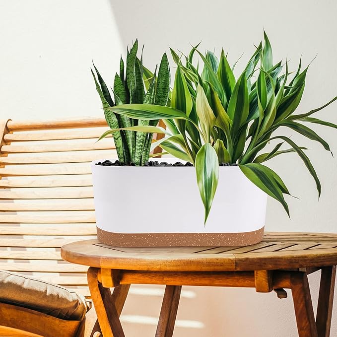 QCQHDU 16" L x 7.6" W x 7" H Window Planter Box, 2 Pack Self Watering Pots for Indoor Plants with Drainage Holes & Saucer, Outdoor Flower Pots Home Garden Modern Decor