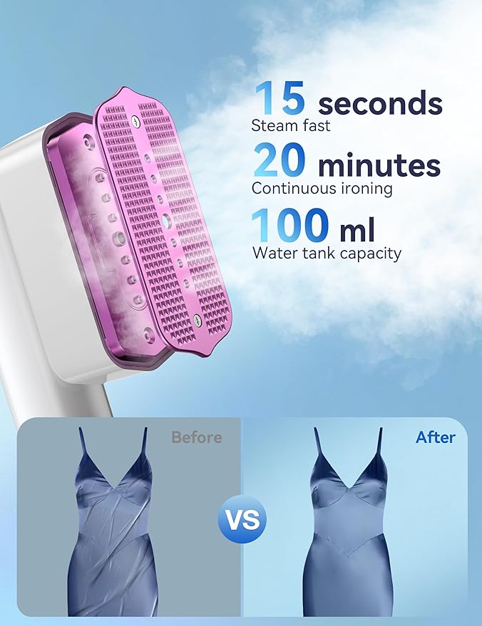 Steamer for Clothes,Sundu Portable Handheld Garment Steamer,15s Fast Heat-up,100ml Water Tank,20 Minutes of Continuous Ironing Removes Wrinkle for Home,Office and Travel-Porcelain White-F