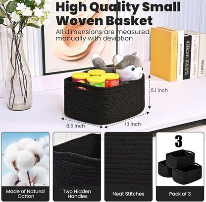 Small Black Baskets for Organizing, Storage Baskets for Shelves, Small Woven Cotton Rope Basket for Storage, Basket for Gifts Empty, 13"×8.5"×5.1" (3 Packs) Black