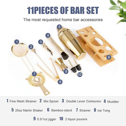 Shakers Bartending, 11Pcs-Cocktail Shaker Set Gold Drink Mixer with 25oz Martini Shaker,Muddler,Bar Spoon and More Professional for Home and Bartender.(Gold)