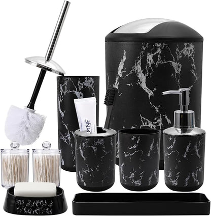 Black Marble Bathroom Accessories Set, Black Bathroom Set with Trash Can, Vanity Tray, Soap Dispenser, Soap Dish, Toothbrush Holder, Toothbrush Cup, Toilet Brush and Qtip Holders for Bathroom