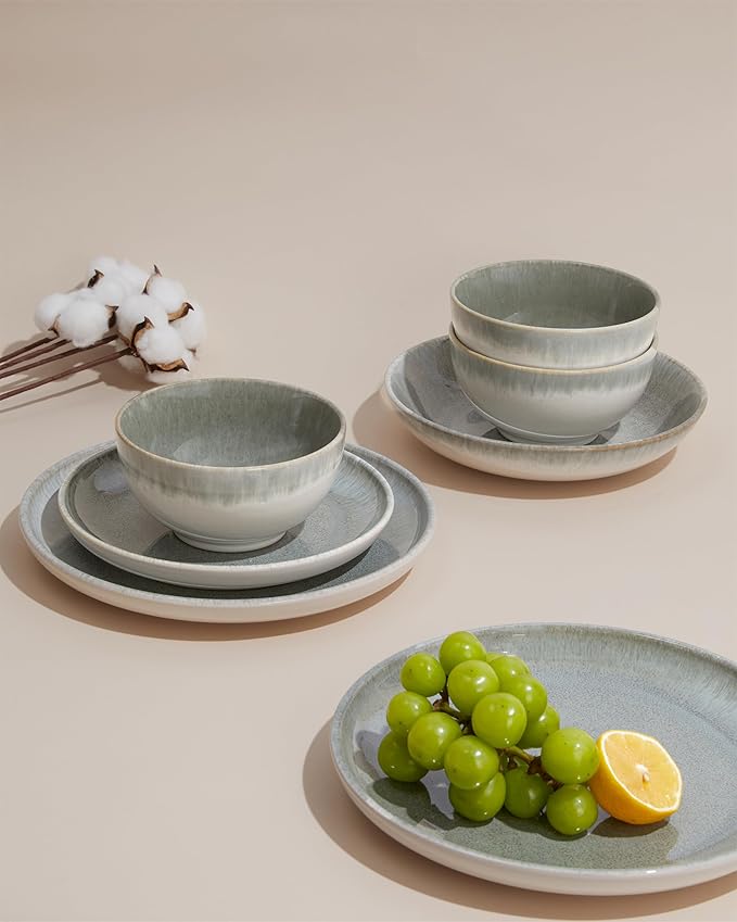 24 Piece Dinnerware Sets for 8, Modern Stoneware Plates and Bowls Sets, Perfect for Family Gatherings & Holiday Celebrations, Easy Cleaning Dishes, Stack Compactly Plate Set, Gradient Green