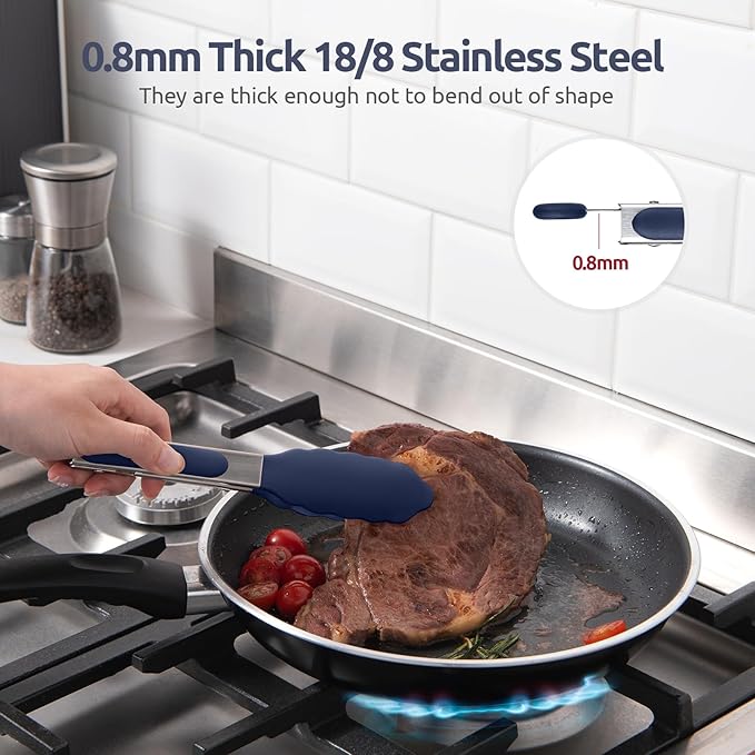480ºF Heat Proof Kitchen Tong: U-Taste 7" Silicone Cooking Tong with Firm Sealed Non Stick Rubber Tips & Silicon Coated 18/8 Stainless Steel Handle & Smooth Locking for Serving Salad (Midnight Blue)