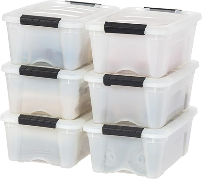 IRIS USA 13 Qt Stackable Plastic Storage Bins with Lids, 6 Pack - BPA-Free, Made in USA - Discreet Organizing Solution, Latches, Durable Nestable Containers, Secure Pull Handle - Pearl