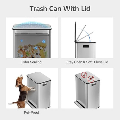 GarveeHome 60 L/16 gal Kitchen Trash Can,2×8 gal Pedal Trash Bin with Removable Baskets,Stainless Steel Garbage Can for Kitchen Office Restaurant School Hospital