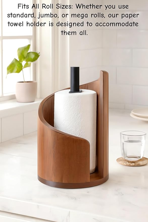 Mountain Paper Towel Holder, 2026 New Wooden Mango Wood Stand with Iron Base, One-Handed Operation, Fits Jumbo Rolls, Modern Countertop Towel Holder for Kitchen & Bathroom (White)