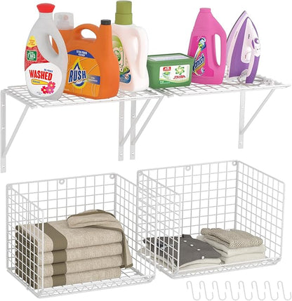 2 Pack Laundry Room Shelves Wall Mounted with Wire Baskets, Over the Washer and Dryer Shelf with Clothes Drying Rack, 8 Hooks，Wire Shelves Baskets for Laundry Closet Organization and Storage, White