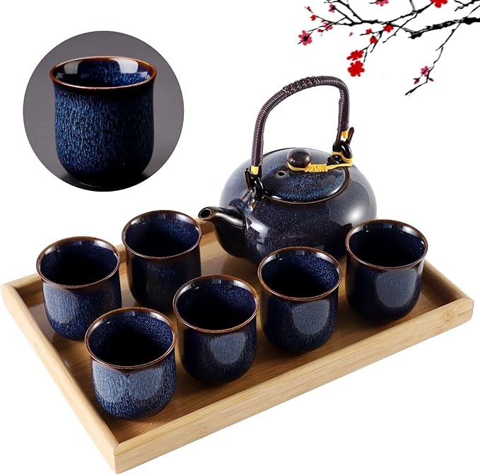 DUJUST Japanese Tea Set for 6, Kiln Altered Glaze Porcelain Tea Set with 1 Teapot, 6 Tea Cups & 1 Tea Tray, Unique Chinese Tea Sets for Adults/Tea Lovers/Women/Men, Dark Blue