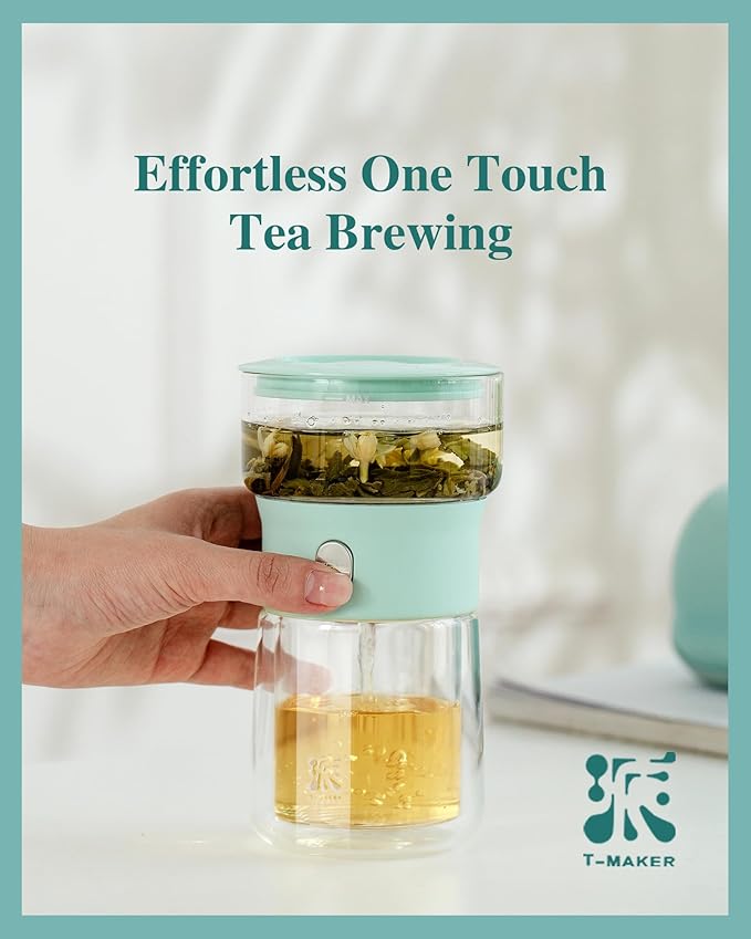 ZENS Modern Glass infuser Teapot, Small One Touch Tea Maker for Loose Tea Diffusers with 200ml Insulated Cup and Blue Portable Carry Case, Magic Gongfu Tea Pot for Tea Lovers Gifts