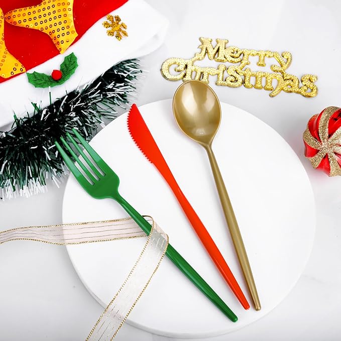 Rubtlamp 180Pcs Christmas Plastic Silverware, Heavy Duty Plastic Utensils, Party Disposable Flatware, Plastic Cutlery Sets Include 60 Green Forks, 60 Brown Gold Plastic Spoons, 60 Red Knives