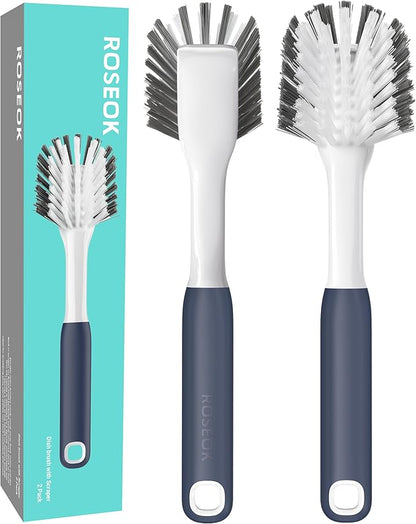 Dish Brush with Built-in Scraper,Kitchen Scrub Brush for Cleaning Dishes,Pots,Non-Stick Pans and Sinks,Navy Blue,2 Pack