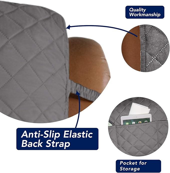 PureFit Reversible Quilted Sofa Cover, Water Resistant Slipcover Furniture Protector, Washable Couch Cover with Non Slip and Elastic Straps for Kids, Dogs, Pets (Oversized Recliner, Gray/Light Gray)