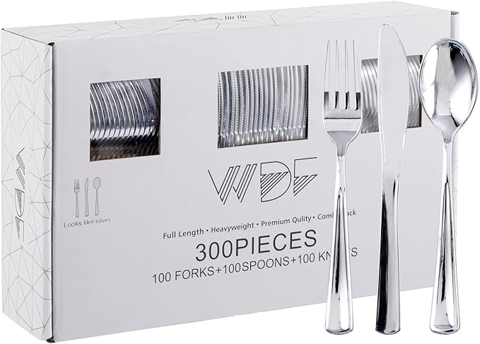 WDF 300 Pieces Silver Plastic Silverware - Plastic Silverware Heavy Duty - 100 Forks 100 Knives 100 Spoons - Disposable Silver Cutlery Perfect for Party/Wedding/Christmas