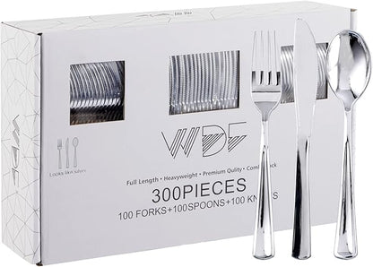 WDF 300 Pieces Silver Plastic Silverware - Plastic Silverware Heavy Duty - 100 Forks 100 Knives 100 Spoons - Disposable Silver Cutlery Perfect for Party/Wedding/Christmas