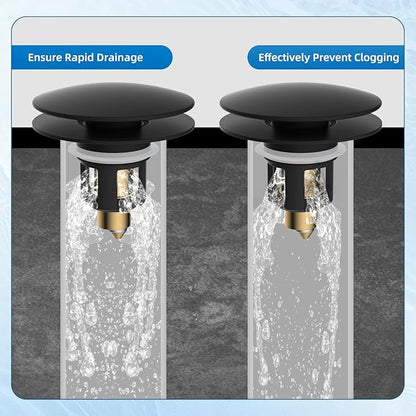 iFealClear Universal Black Bathroom Sink Stopper, Metal Pop Up Sink Drain Strainer with Hair Catcher, Fit 1.1"-2.36" US Basin, Wash Basin Drain Plug, Big Cover Cap, Brass Bounce Core, Matte Black
