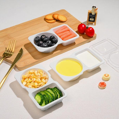 Double Compartment Snack Containers with Lids, 2 Compartment Condiment Container, Plastic Disposable Snack Pack Containers for Sauce, Salad, Food Storage Box(20PCS-White)