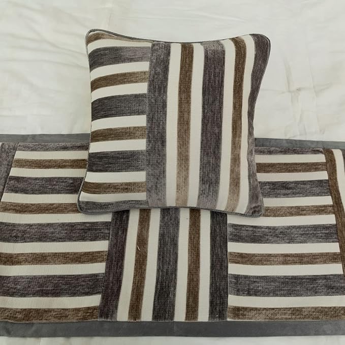 The HomeCentric King/Queen/Twin Beige & Grey Designer King 90"x18" Bed Runner with Pillow Cover, Patchwork Bed Scarf on Velvet Fabric - Striation