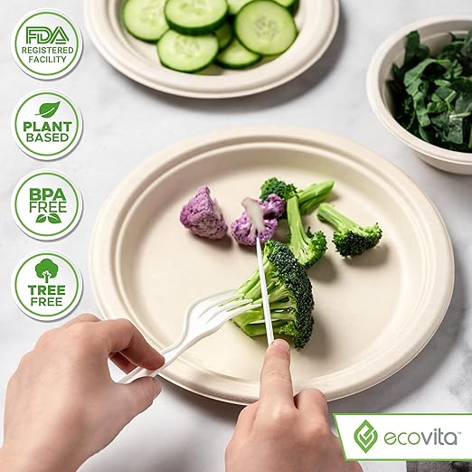 Ecovita 100% Compostable Forks Spoons Knives Cutlery Combo Set - 380 Large Disposable Utensils (7 in.) Eco Friendly Durable and Heat Resistant Alternative to Plastic Silverware with Convenient Tray