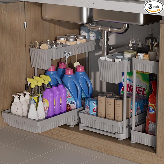 3 Pack Multi-Purpose Under Sink Organizers and Storage, 2025 L-Shaped Pull Out Cabinet Organizer for Bathroom & Kitchen, Under Cabinet Organizer with Hooks Hanging Cup, Grey, 14.85 inch