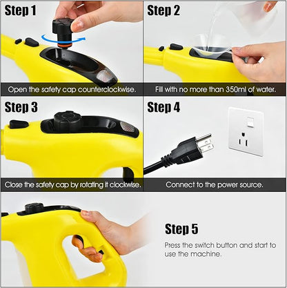 COSTWAY Handheld MultiPurpose Steam Cleaner with 17 Pieces, 350ml Large Capacity Steam Mop Continuous Fill water, Portable Chemical-Free Steamer for Home Use, Floors, Windows, 1400W, Yellow