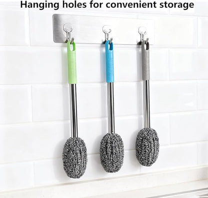 3-Pack Steel Wool Scrubber with Long Handle, Kitchen Dishwashing Pot Scrubber for Deep Cleaning