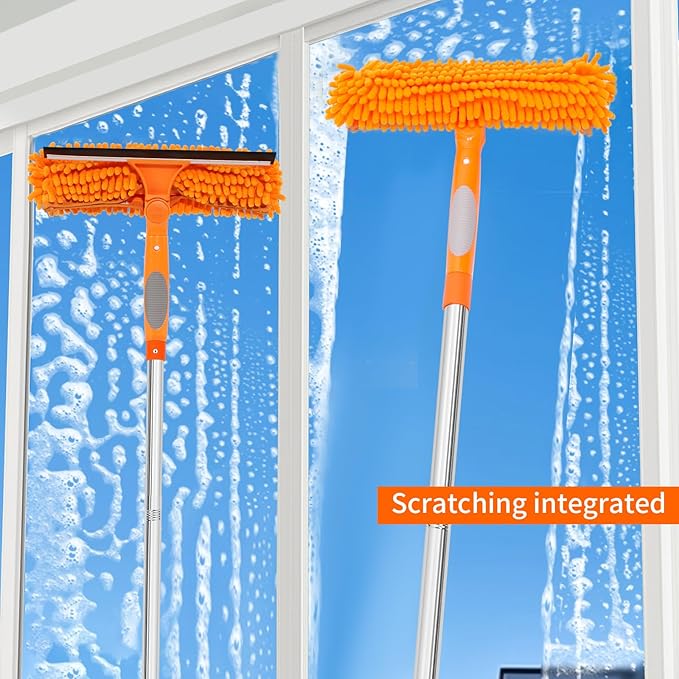 Professional 72'' Window Squeegee Cleaning Washing Tool/Kit with Extension Pole, 3 in 1 Squeegee for Window Cleaning Kit for High Window with 1 Rotatable Head 4 Interchangeable Scrubber