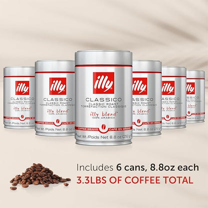 Illy Whole Bean Coffee, Classico Medium Roast - Mild & Balanced - 100% Arabica - Whole Beans - Pressurized Packaging Sealed for Freshness - 8.8oz can (Pack of 6)