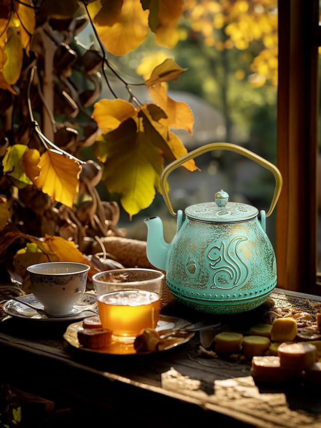 Toptier Teapot with Removable Infuser, Cast Iron Tea Kettle Stovetop Safe, Squirrel Design Tea Pot Coated with Enameled Interior for 32 Ounce (950 ml), Aqua