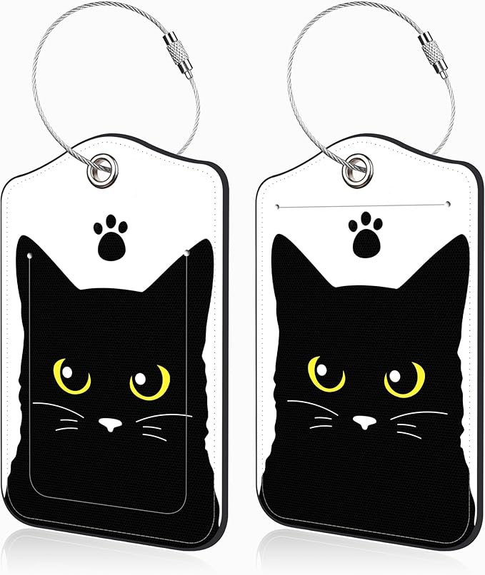 Set of 2 Luggage Tags Cute Black Cat Luggage Tags for Suitcases Leather Suitcase Tags Identifiers with Privacy Name Address Label and Stainless Steel Loop for Women Men Travel Luggage Accessories